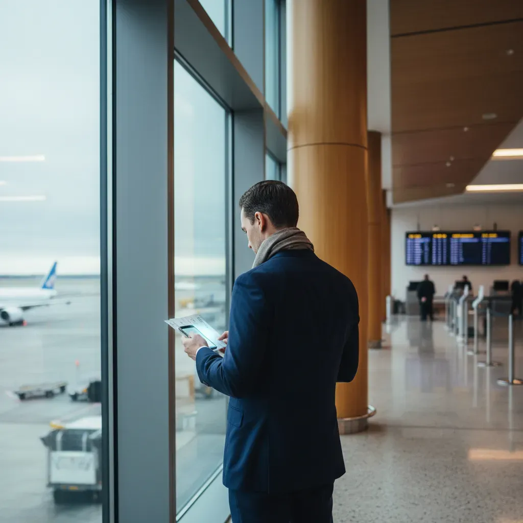 United Polaris price visual showing premium traveler in airport terminal planning an international business class journey