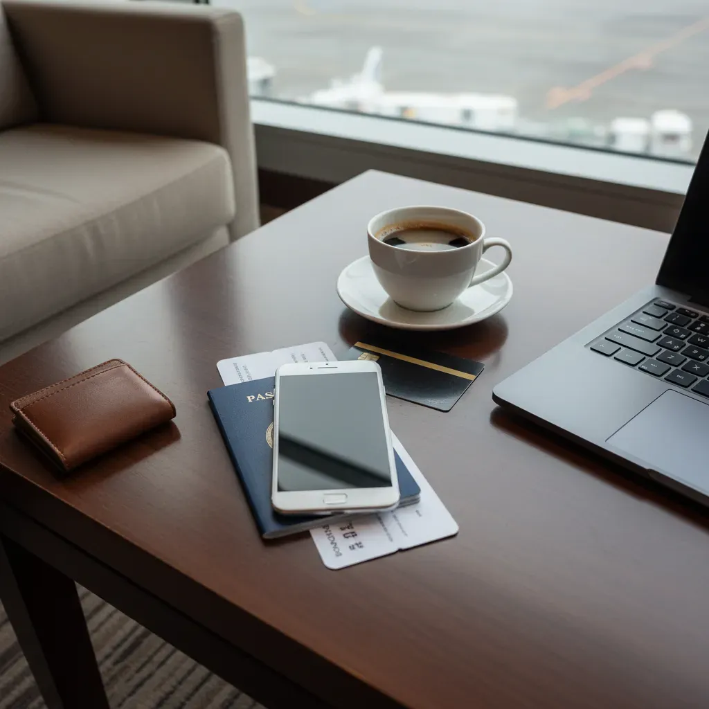 Cheapest business class flights booking concept with premium travel documents and devices