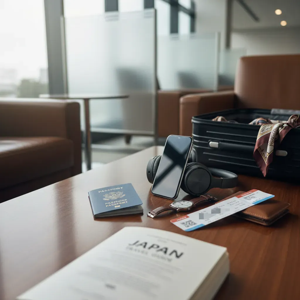 First class Japan price booking planning flat lay with passport, headphones, and premium travel essentials
