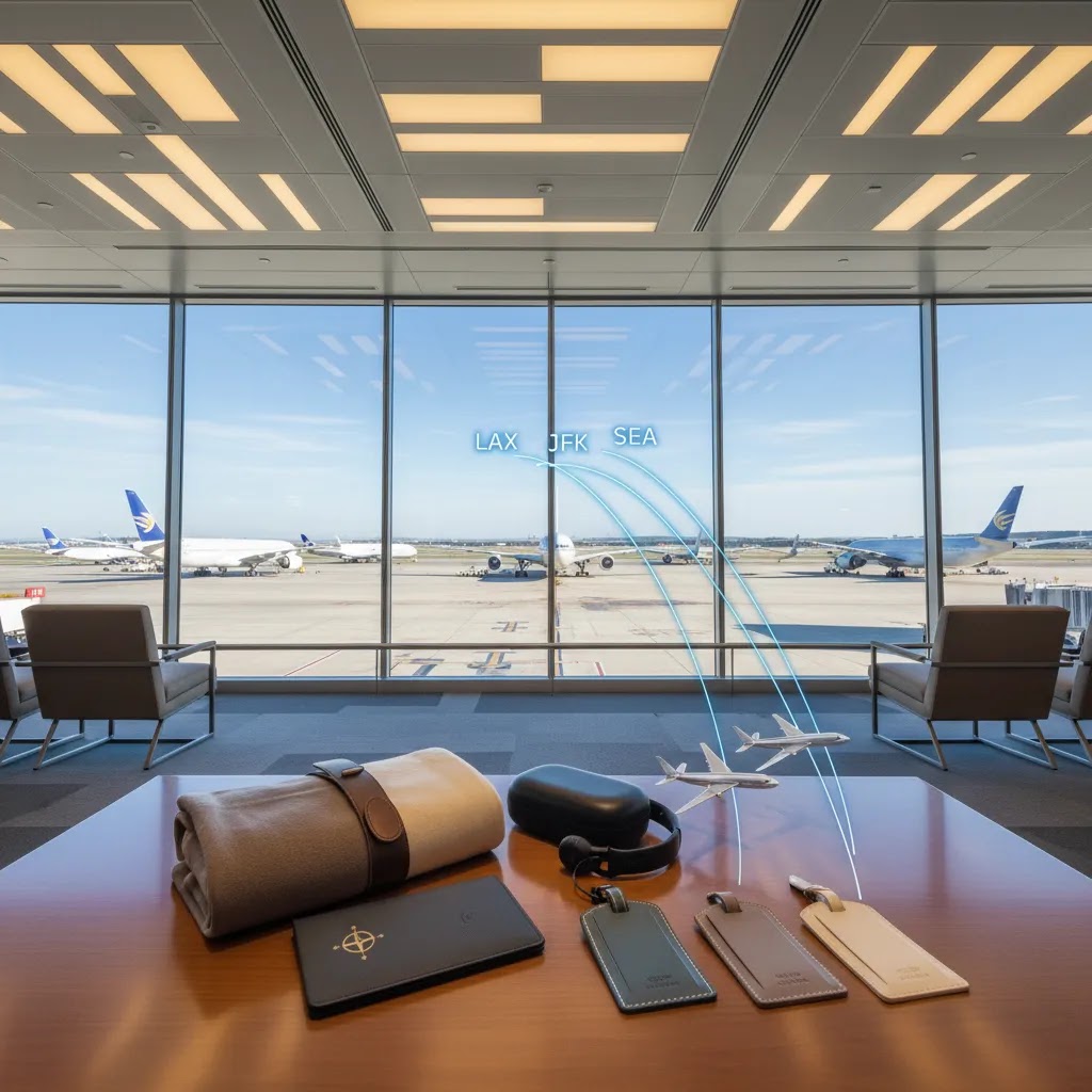 Premium airport travel scene showing top routes for a business class flight to South Korea through major international gateways