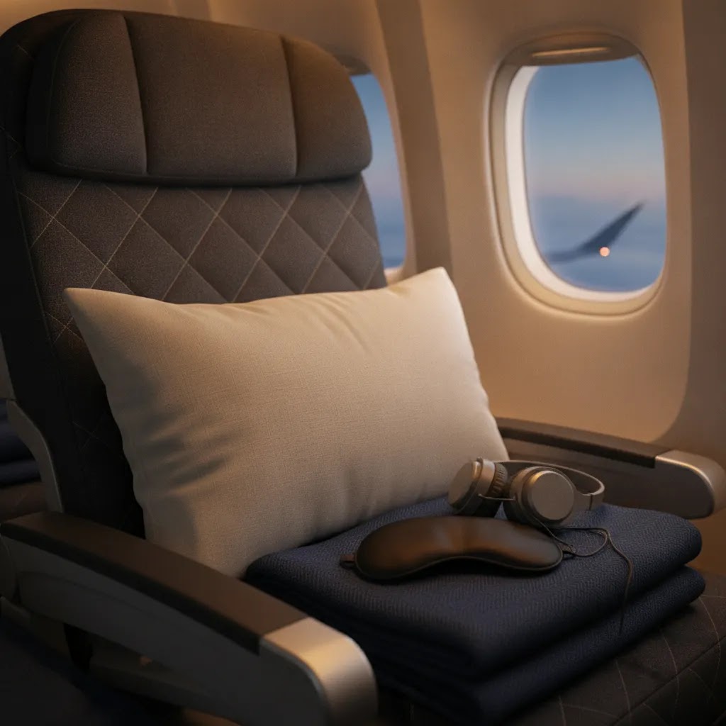 Transatlantic premium economy comfort details with pillow blanket and sleep amenities for Europe flights