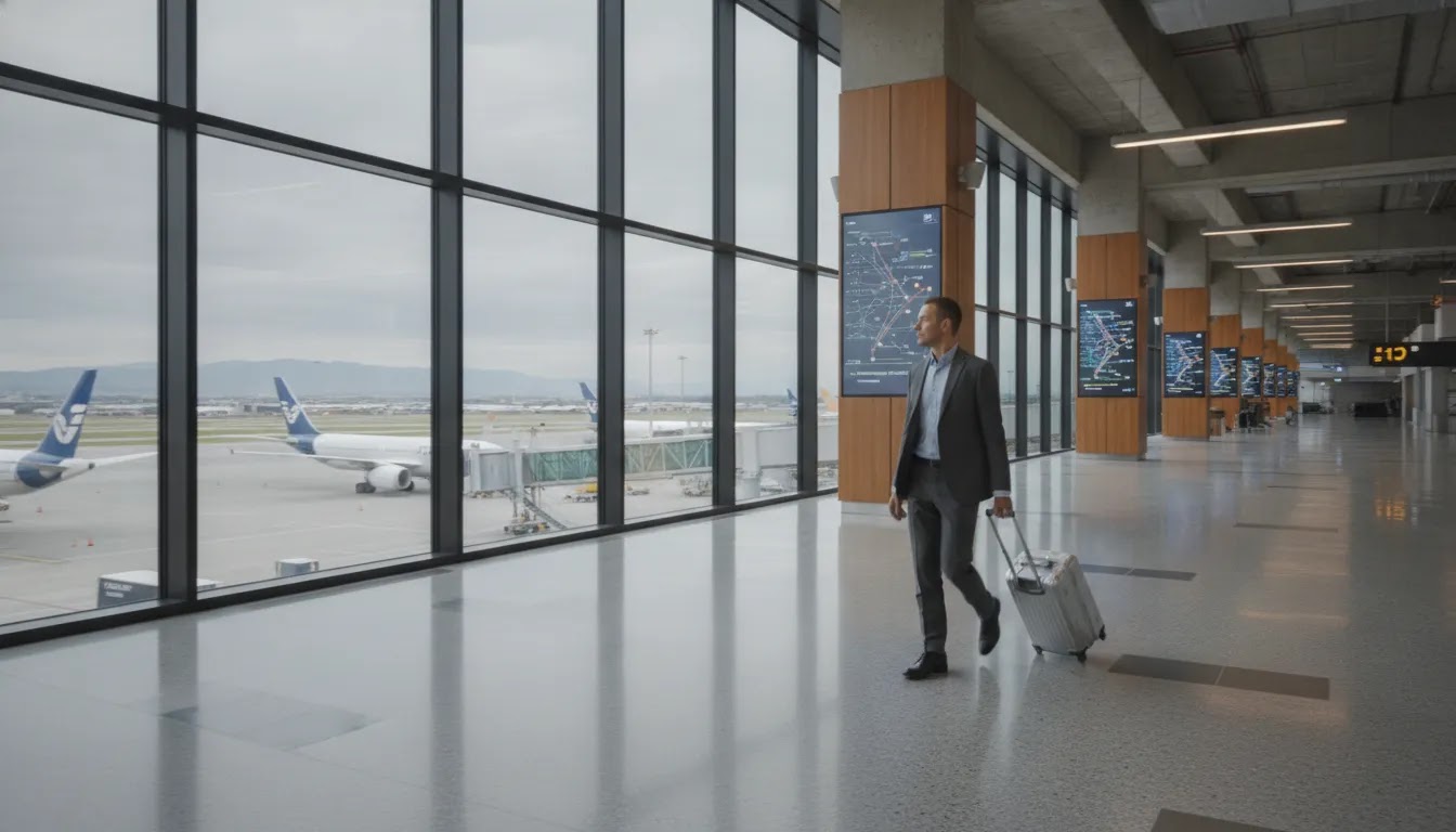 Travel agency for business class travelers navigating a modern international terminal for complex itineraries