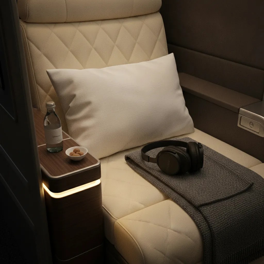 First class flight with bed detail showing realistic lie flat seats and premium overnight comfort features