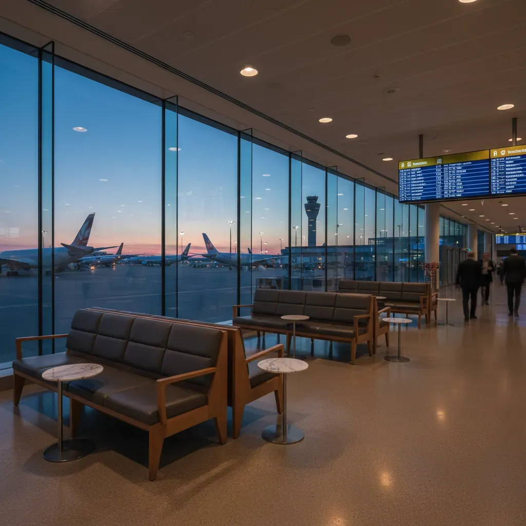 Airport gate scene representing business class booking strategy and route selection