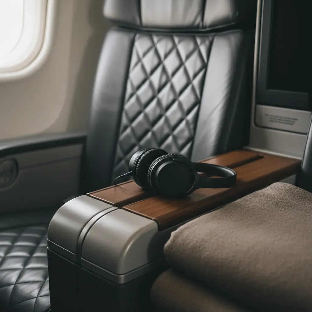 International business class seat detail with headphones, blanket, and premium upholstery on a long haul flight