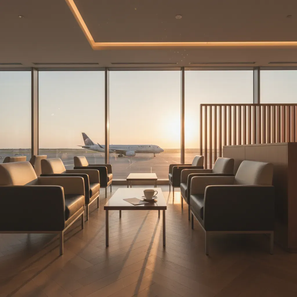United first class lounge access expectations illustrated with a premium domestic airport waiting area