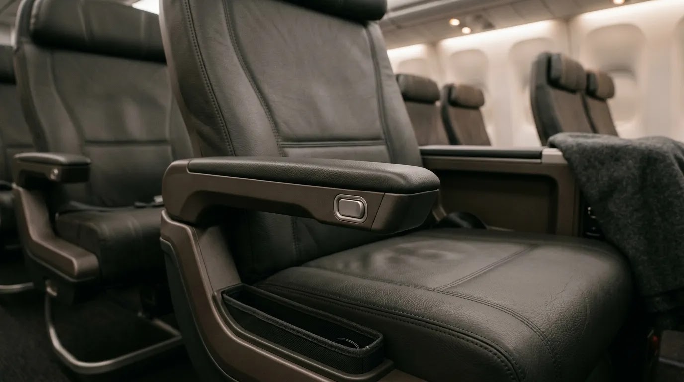 Close-up of premium reclining hardware typical of United First Class seats on domestic flights