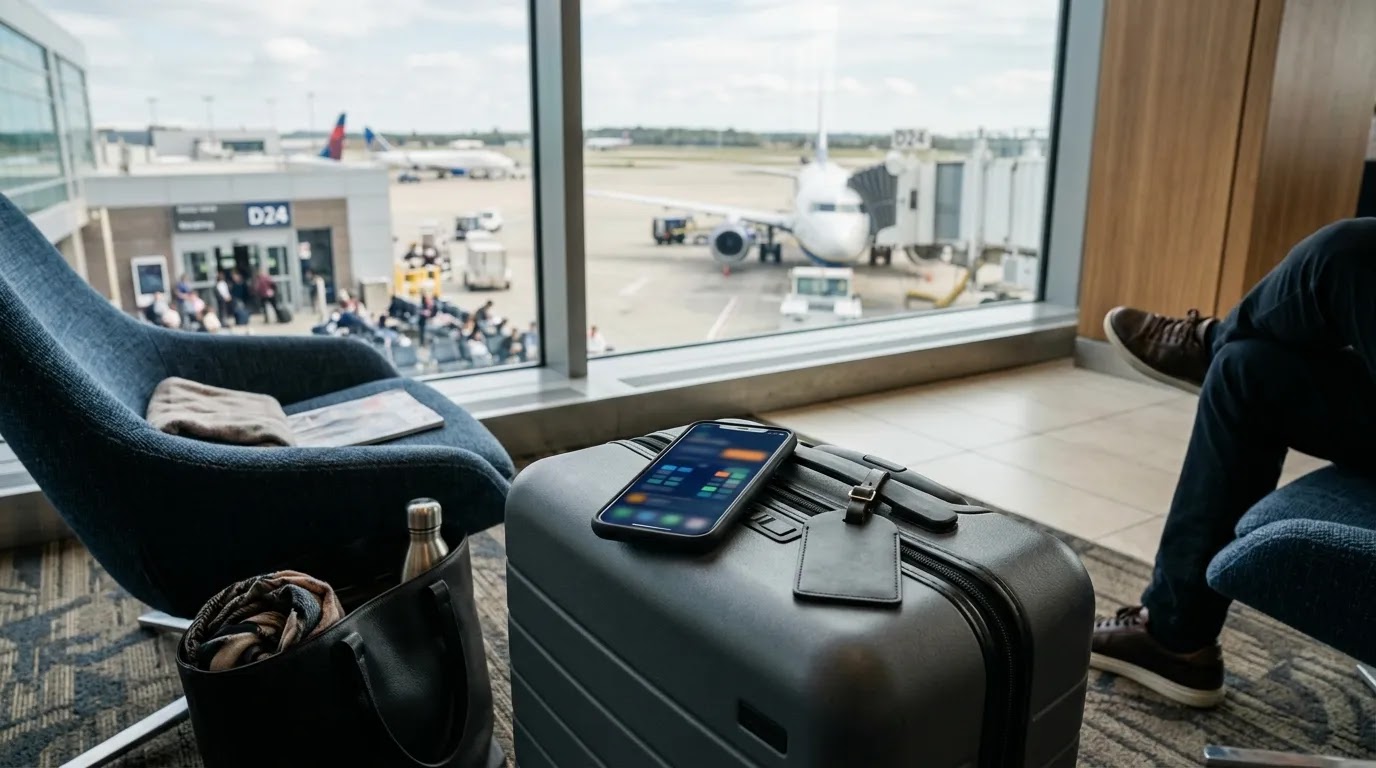 Carry-on and flight planning scene for selecting the best United First Class seats