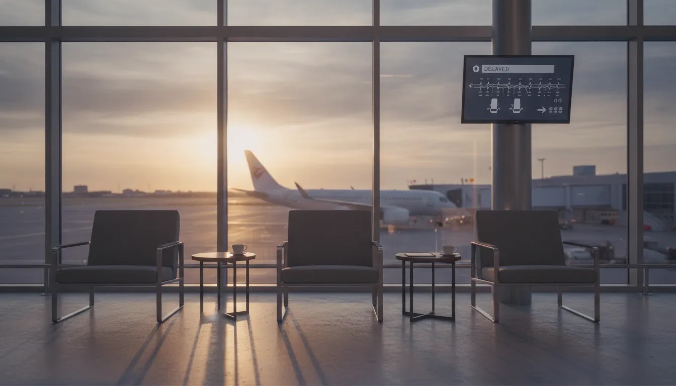 Unsold business class flight tickets illustrated by an airport gate scene with empty premium seating and aircraft outside