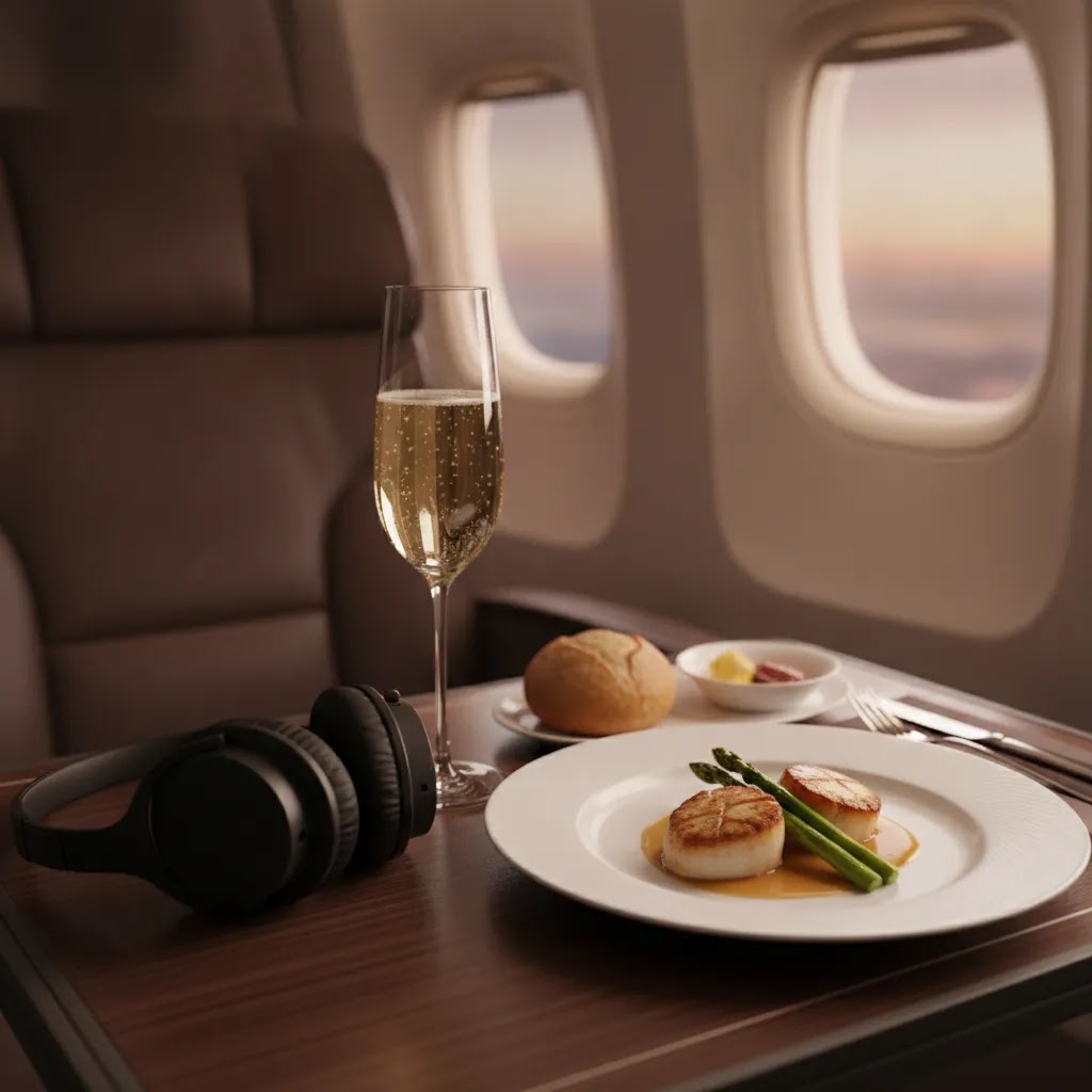 Premium cabin detail showing what an Emirates upgrade to business class can include