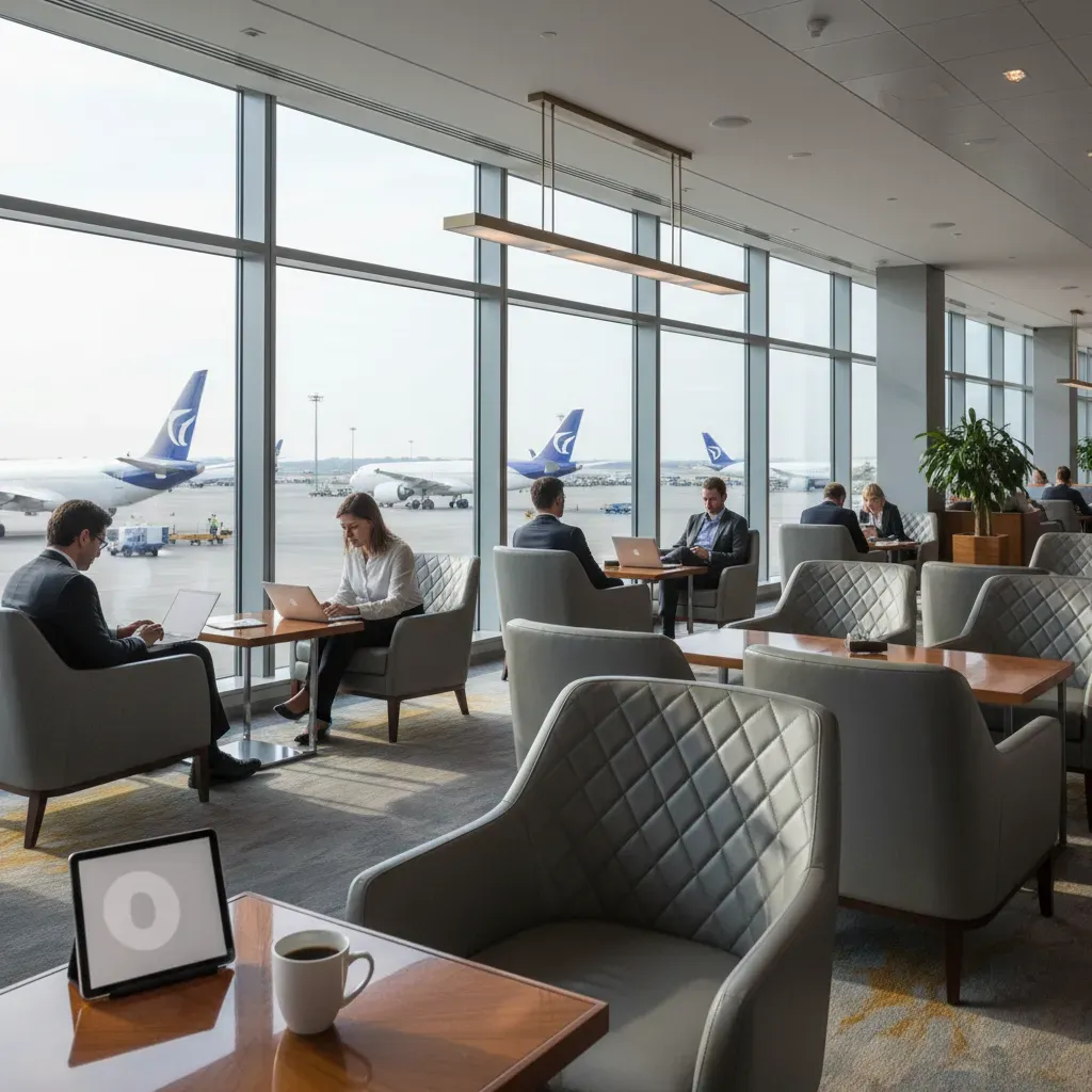 Upgrade Lufthansa flight to business class concept showing premium airport lounge access and smooth ground experience