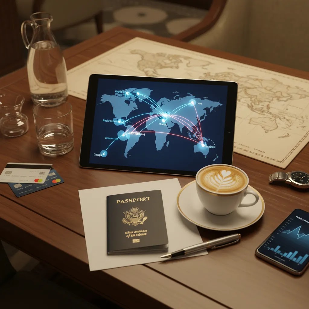USA to India flight ticket price business class planning scene with route map and premium travel desk