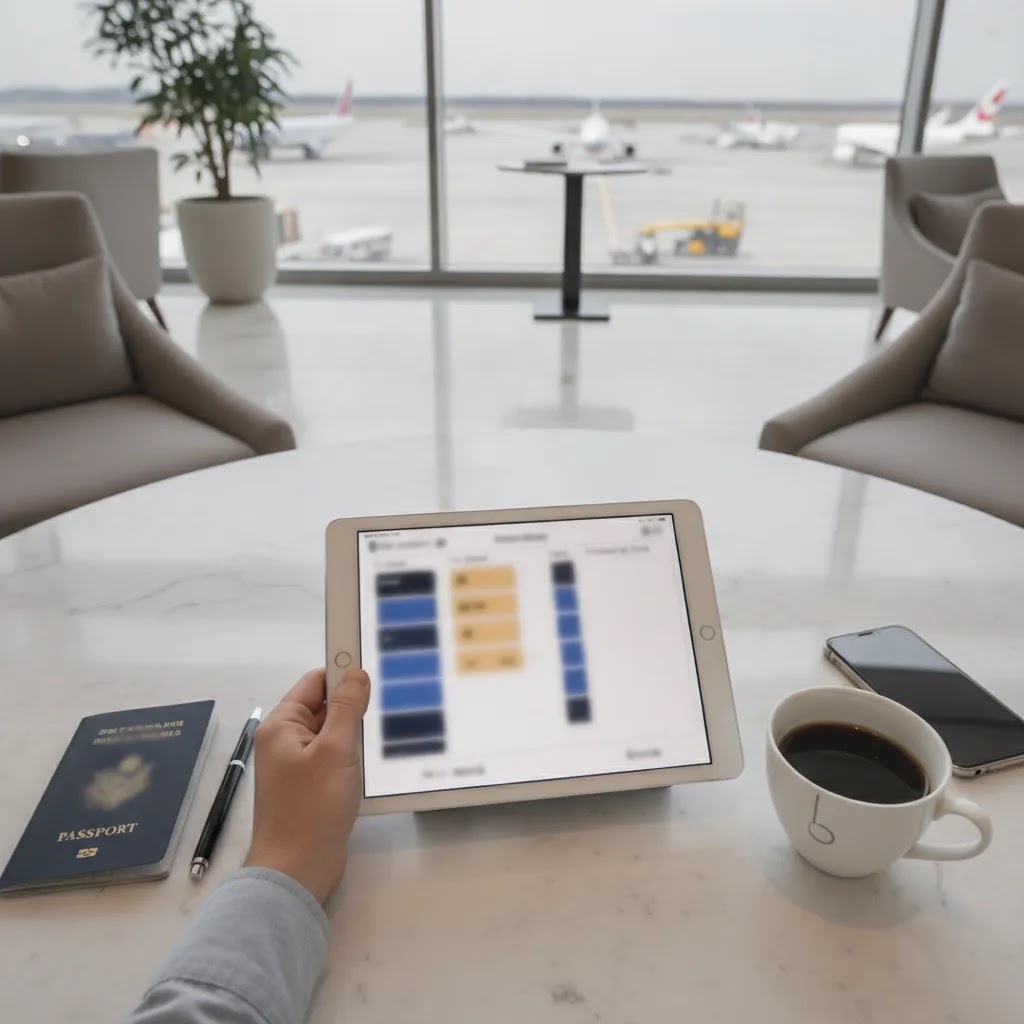 Traveler verifying first class flights Southwest and seat map options in an airport lounge