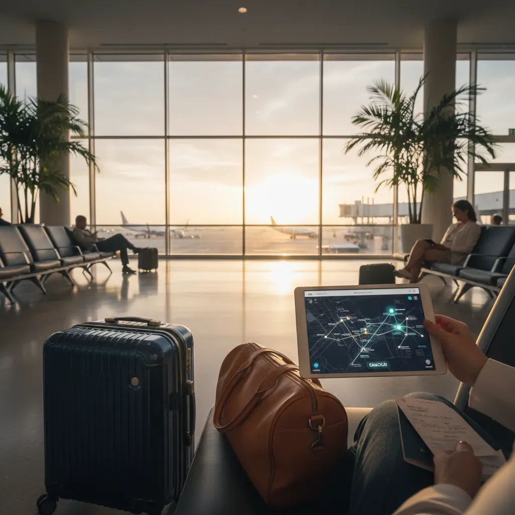Business class flights to Cancun airport gate scene illustrating nonstop and one stop route planning