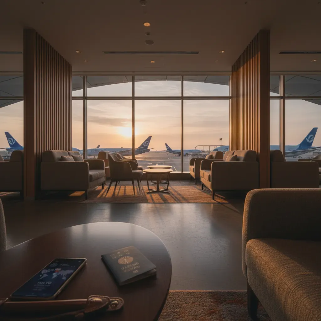 Business class fares to Japan illustrated by a premium airport lounge before departure