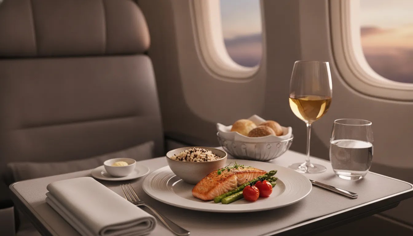 What does business class mean on a flight shown through elevated in flight dining and premium tray table service