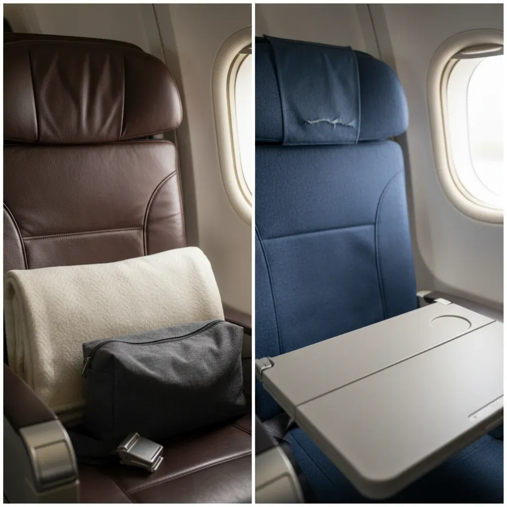 Cheapest way to fly business class shown through realistic comparison of premium seat details and standard cabin elements