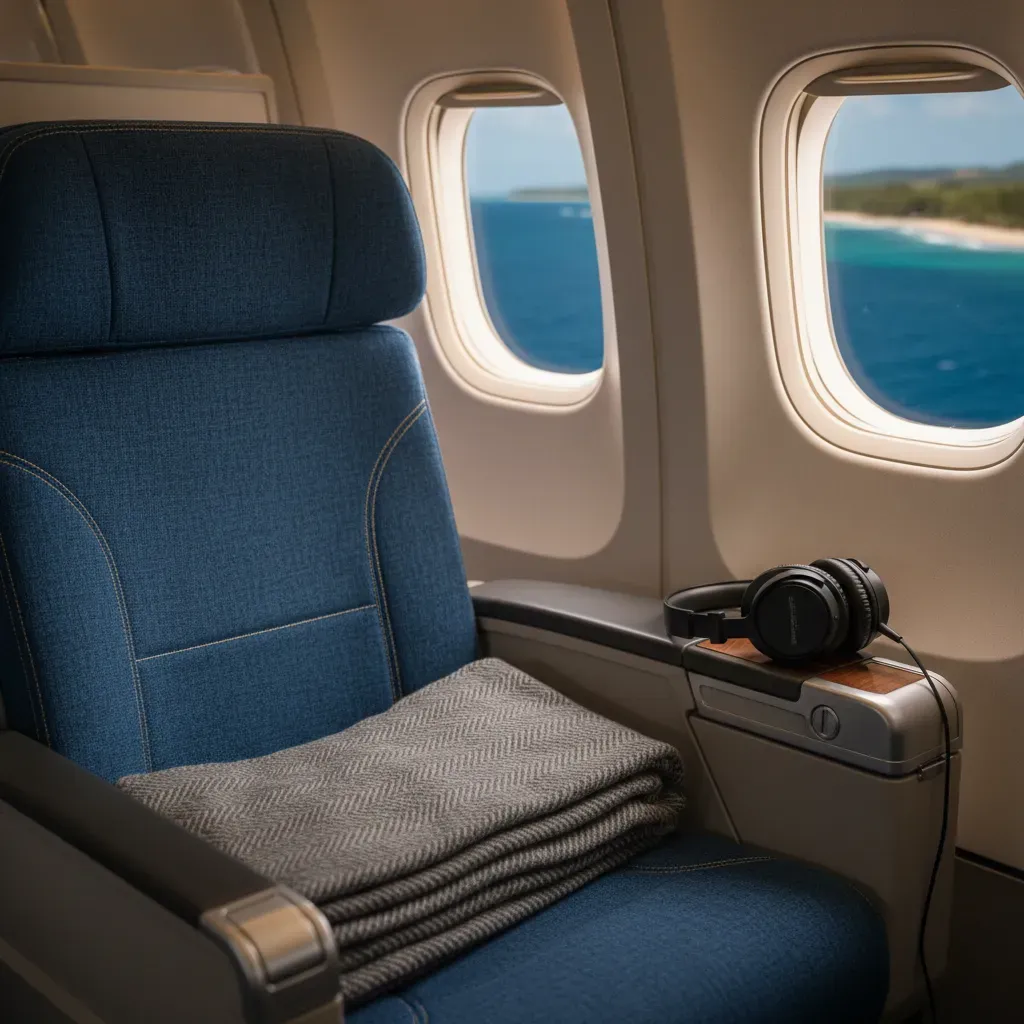 first class to jamaica premium seat detail on a realistic Caribbean route cabin