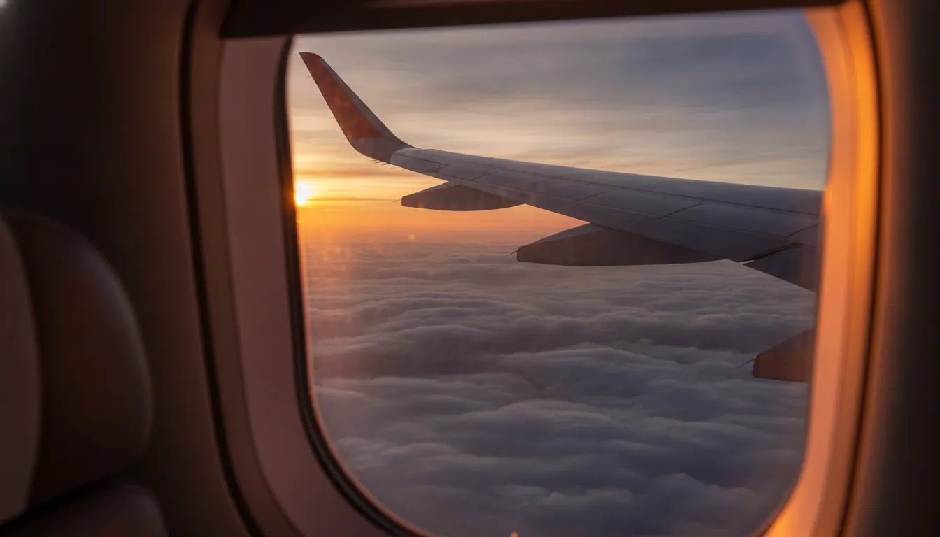 What planes have first class illustrated by a long-haul passenger window view with wide-body wing at sunset