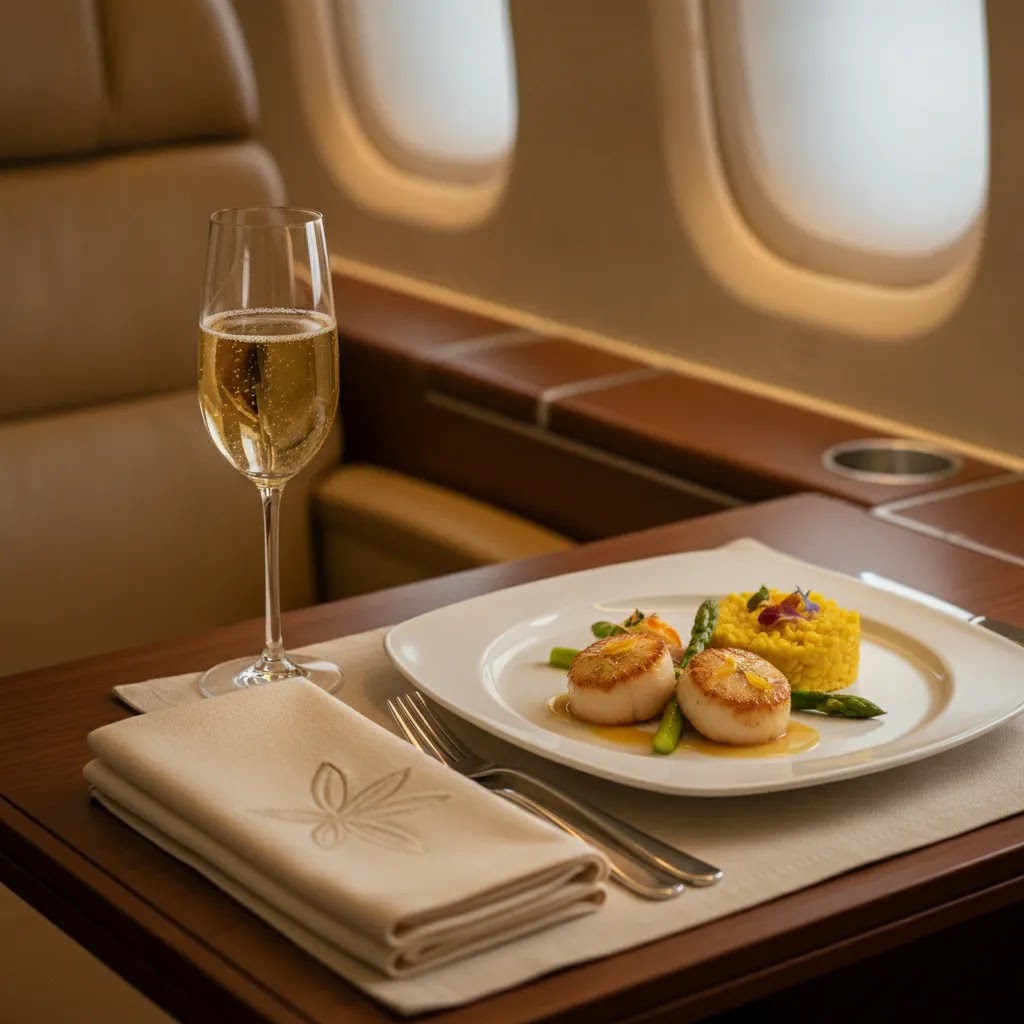 What to expect flying first class with premium meal and service detail in a luxury cabin setting