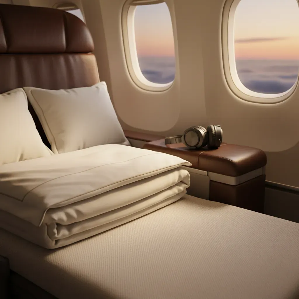 Best luxury first class suite comfort detail with bedding, headphones and premium seat textures