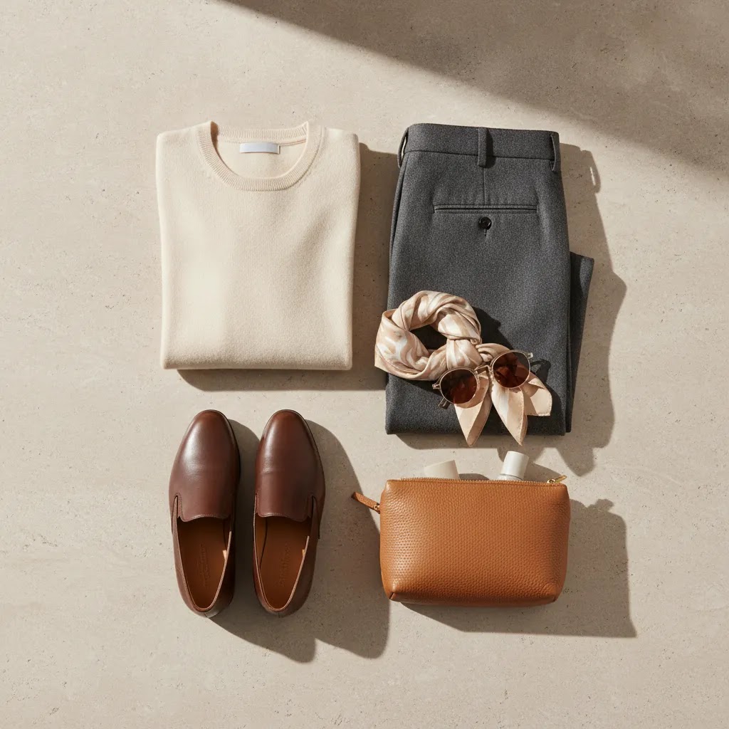 How to dress for first class flight with refined travel outfit essentials in a stylish flat lay