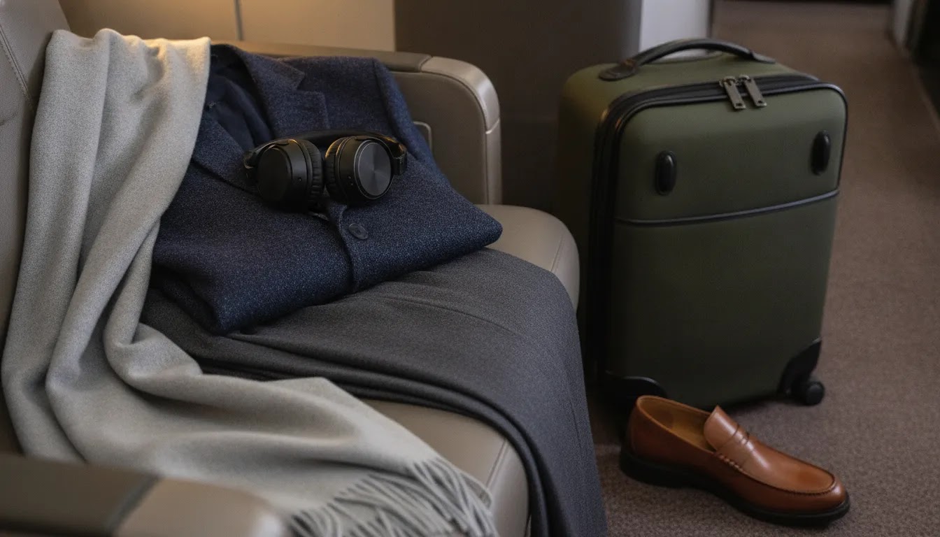 What to wear on a first class flight with comfortable polished layers in a premium cabin detail shot