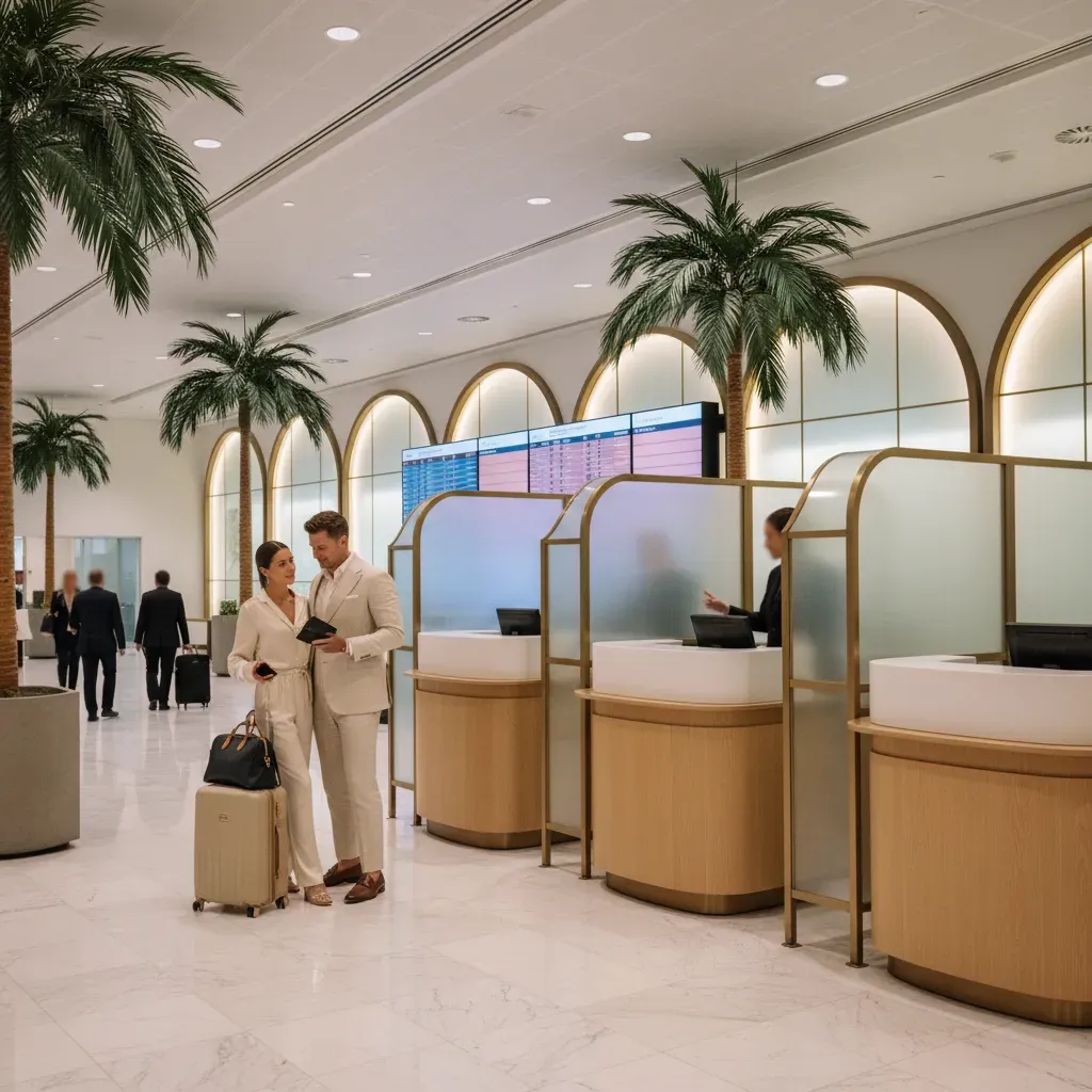First class plane tickets to Florida shown through a premium airport check-in experience