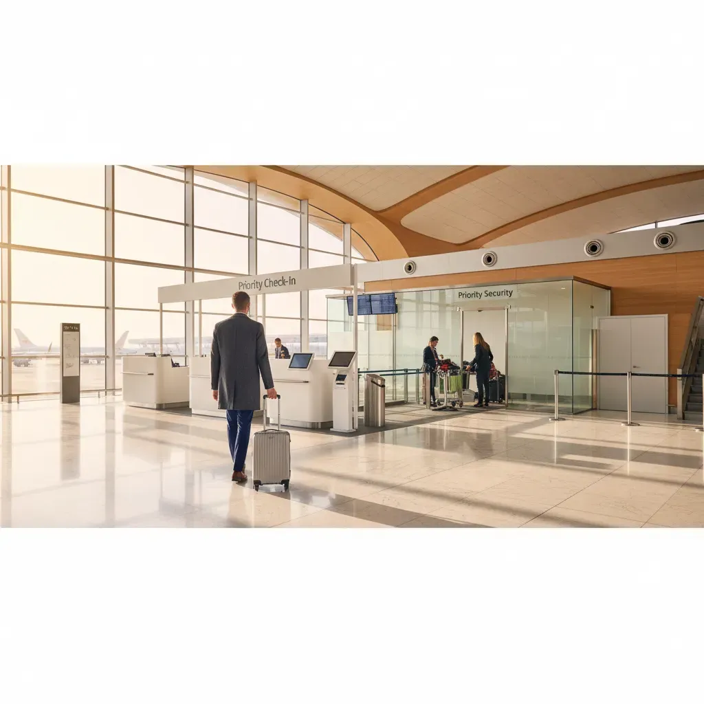 First class flight to las vegas showing premium airport check-in and priority departure experience
