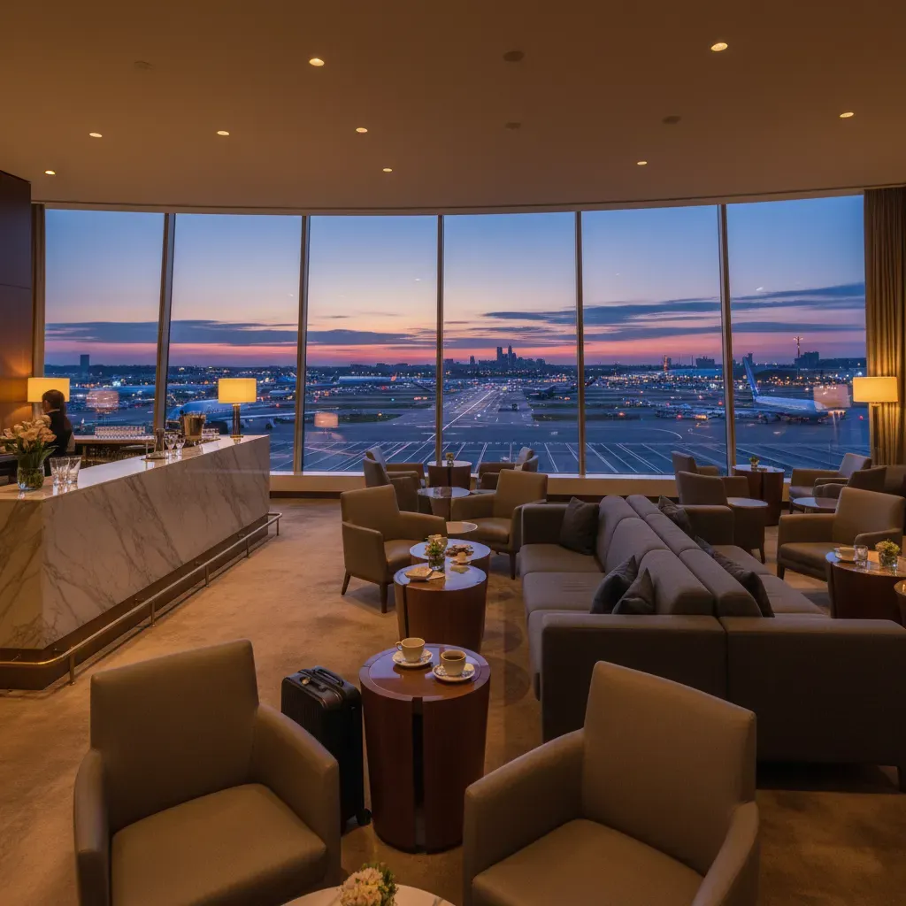 Business class flights from Denver lounge access scene illustrating premium one-stop connection experience