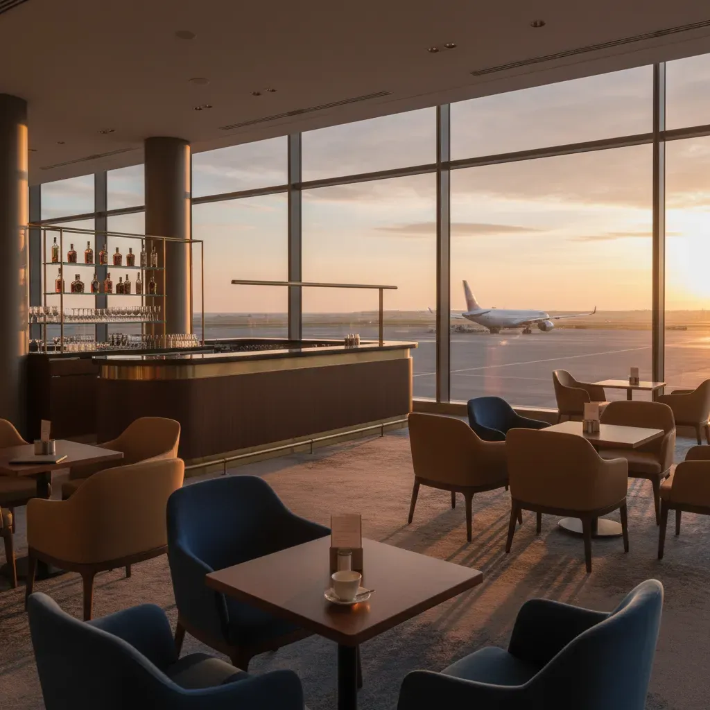 Business class international flights lounge experience with premium seating and runway view