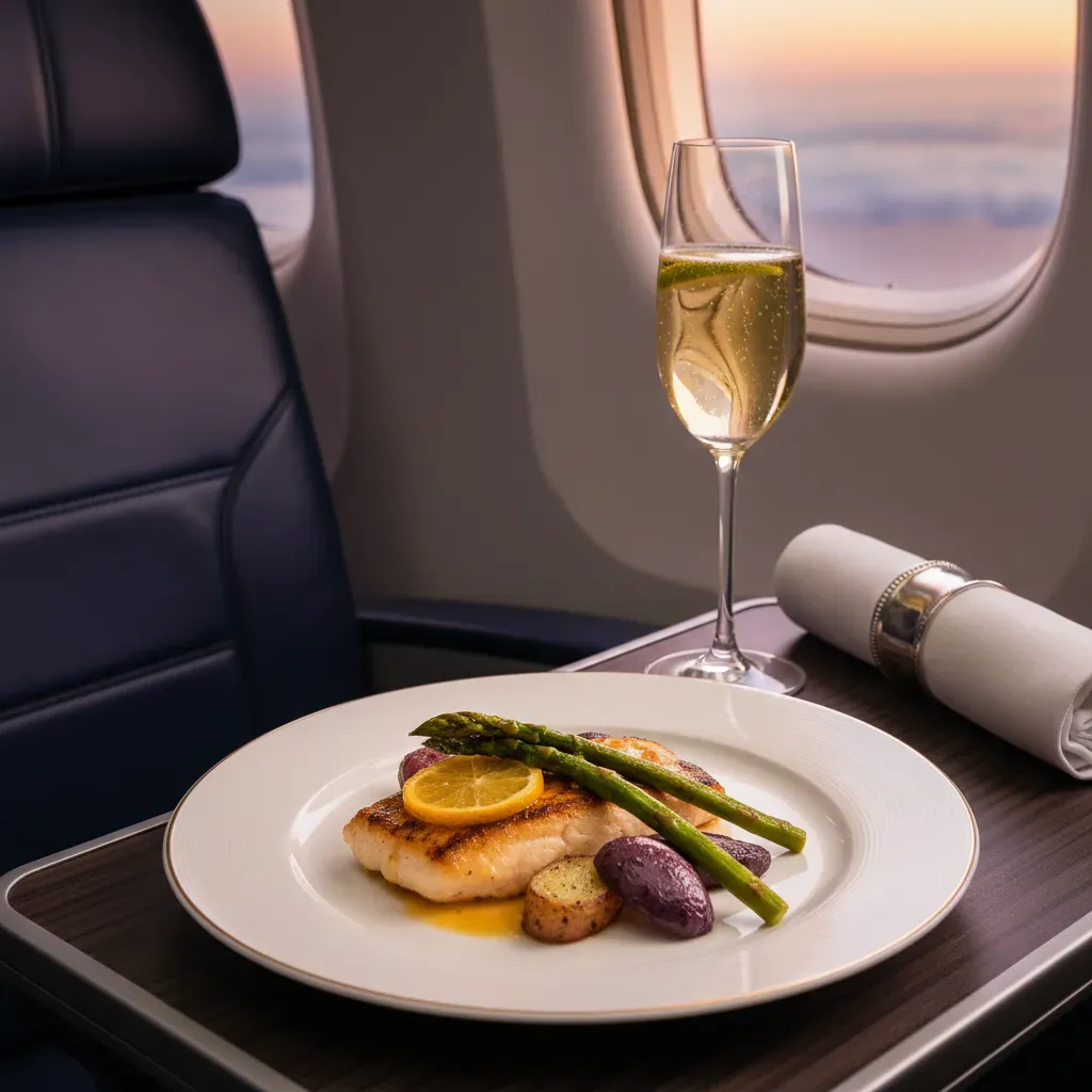 Business class to Hawaii meal service detail with premium tray table presentation