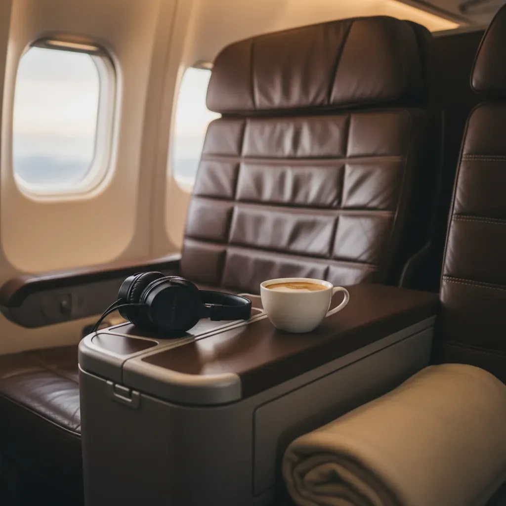 First class to Miami Florida shown with realistic domestic premium cabin details