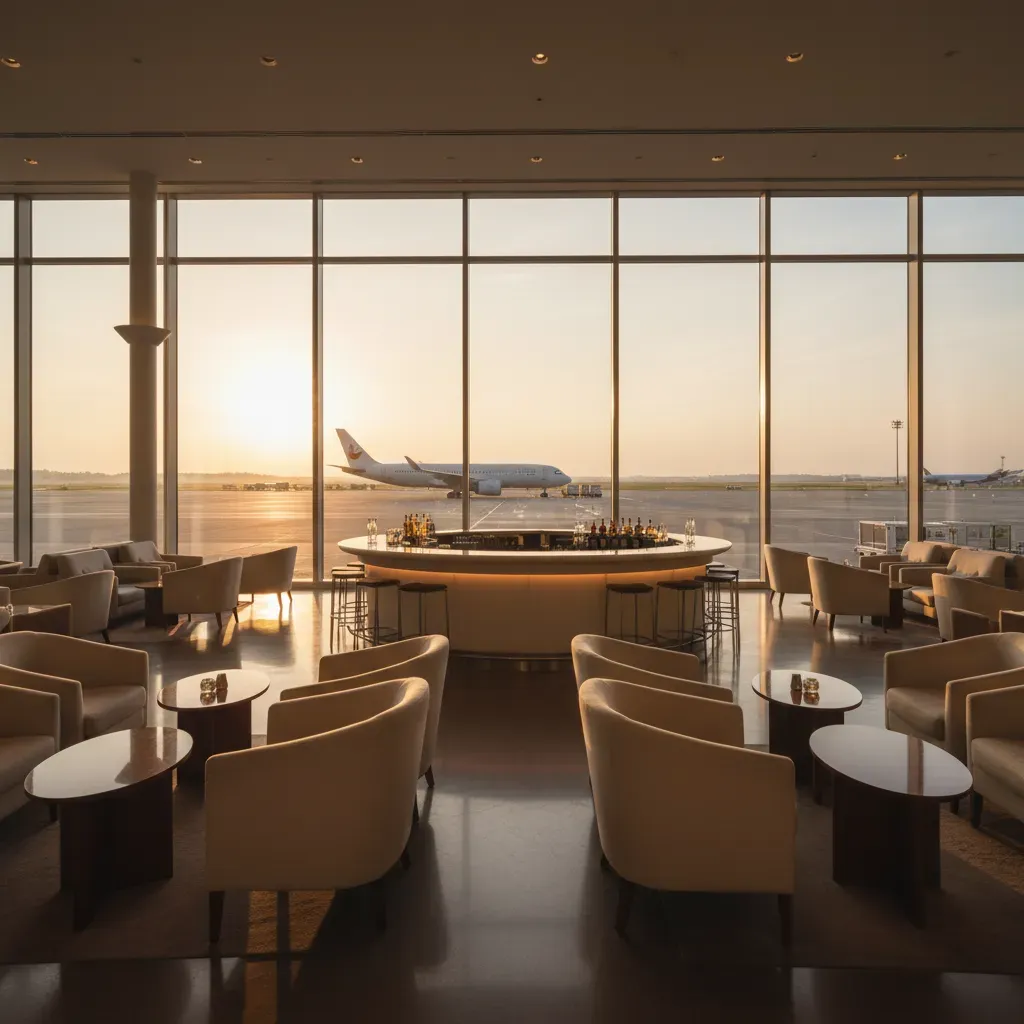 First class flights to Hawaii airport lounge with runway view and premium departure atmosphere