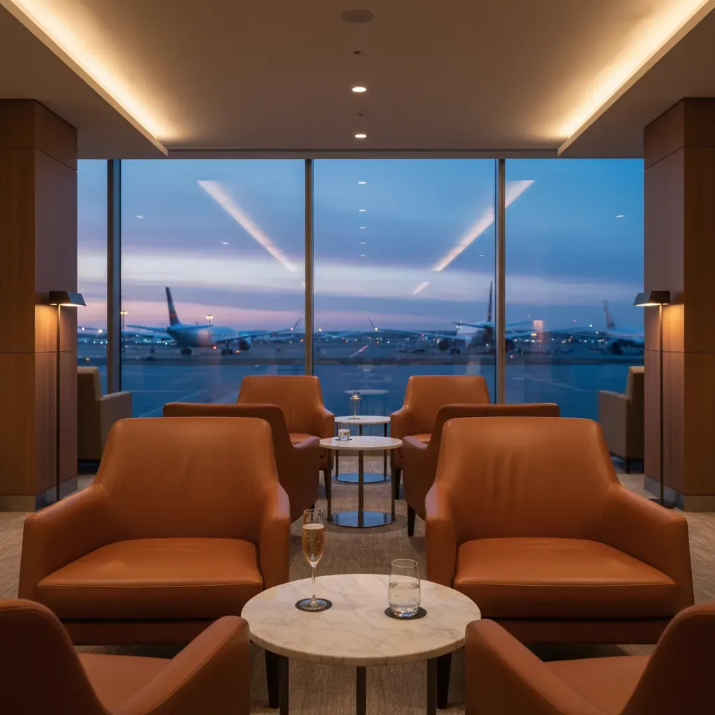 Luxury first class airlines lounge experience with premium seating and runway view
