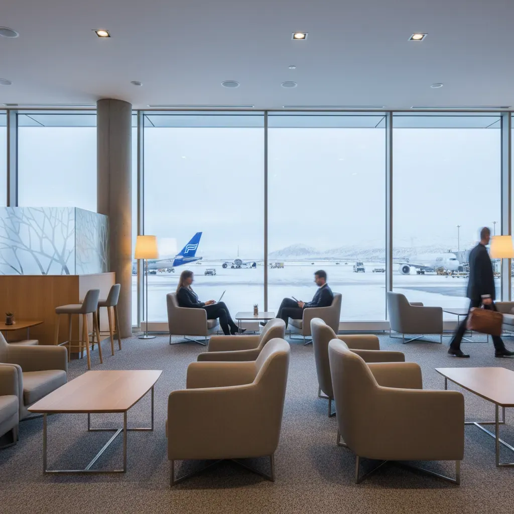 Business class flights to Iceland airport lounge with runway view and premium seating