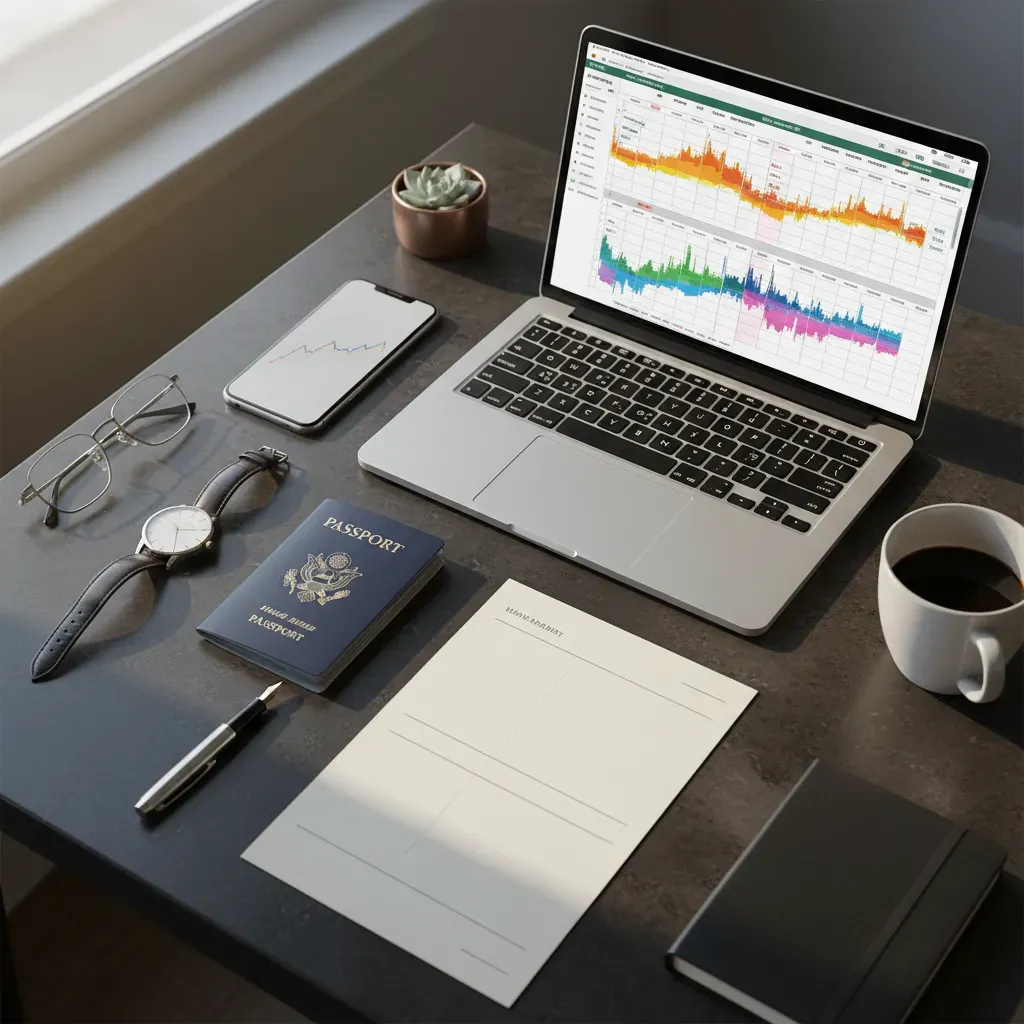 Business class fare trends and advance booking business class strategy shown in a luxury travel planning flat lay