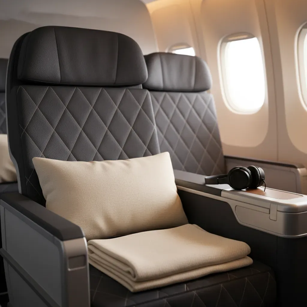 Flight consolidator business class premium seat detail with blanket, pillow, and headphones