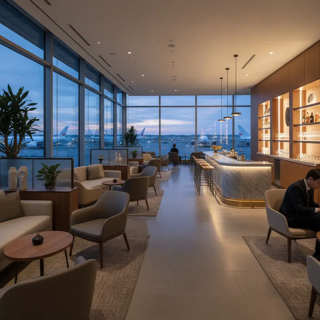 First class flight to Japan airport lounge interior with runway views and premium seating