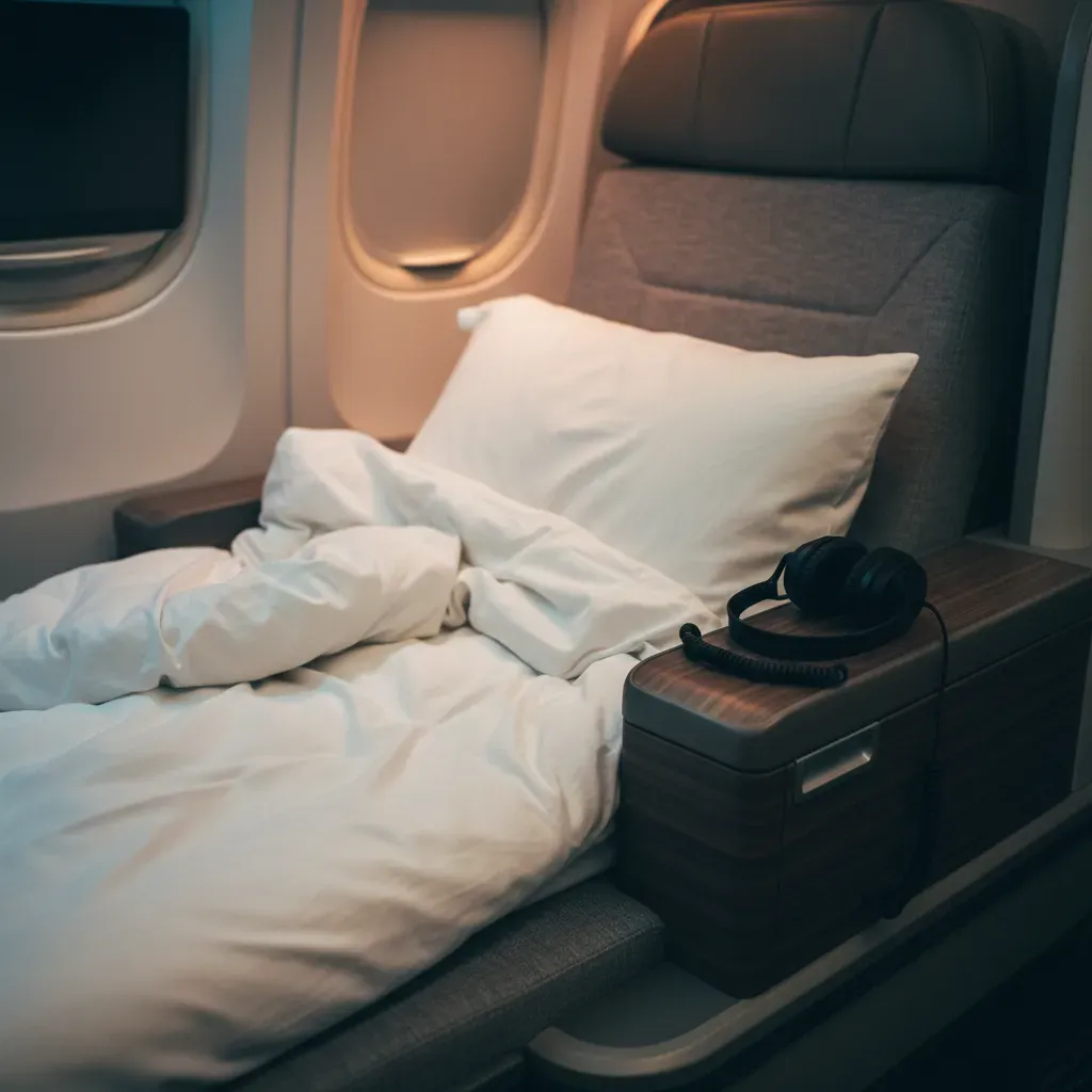 Business class flight to Switzerland sleep quality detail with lie-flat bedding and amenities