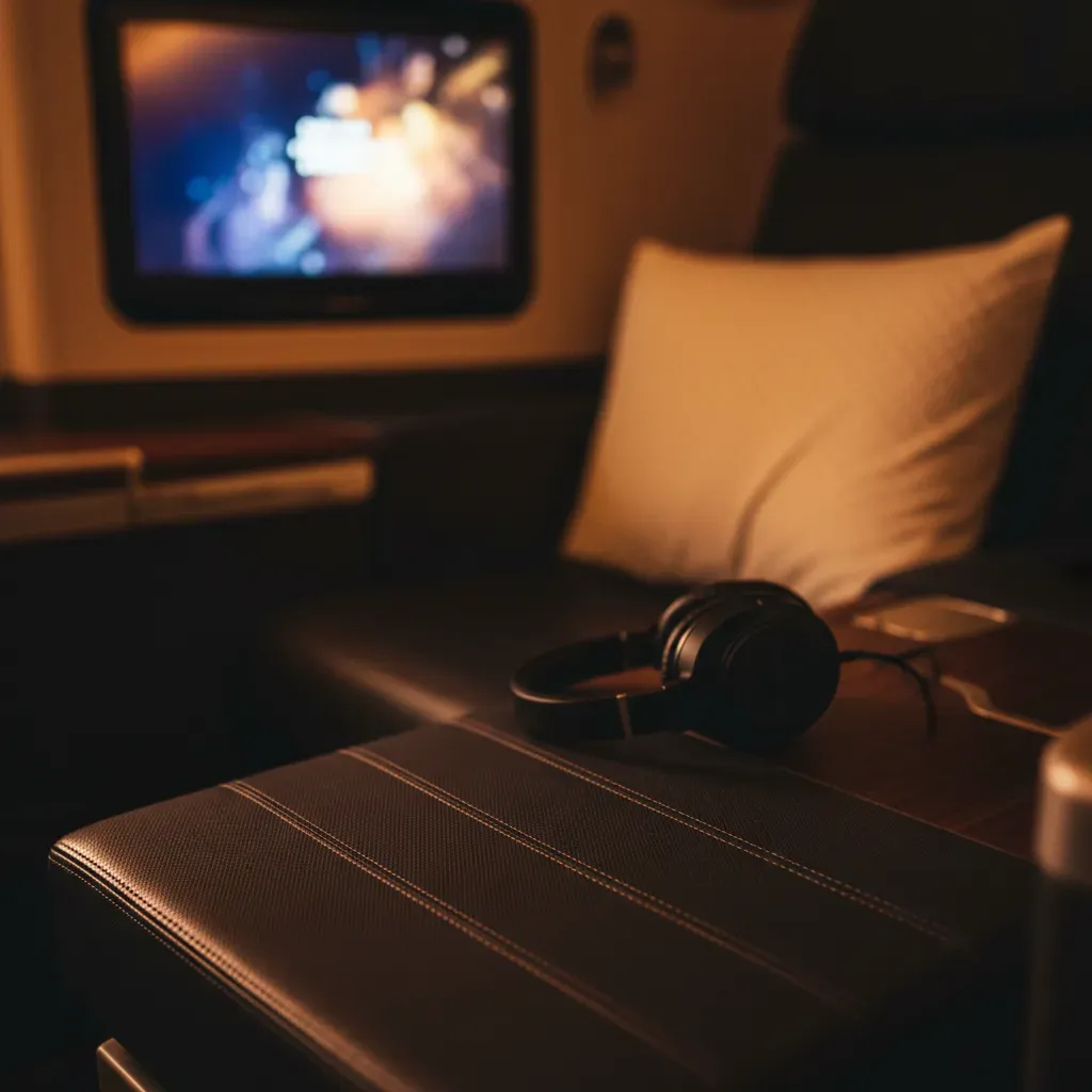 Business class flight to Japan seat detail showing lie-flat comfort and premium amenities