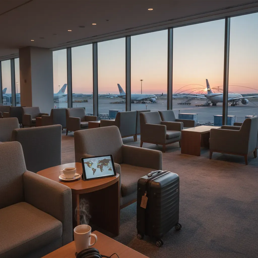 Business class deals to Asia represented by a premium airport lounge with runway views and connection planning atmosphere