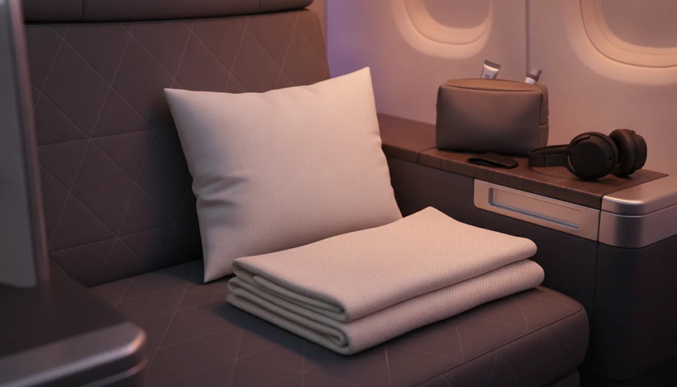 Wholesale business class flights shown as a premium seat detail with amenities and soft cabin lighting