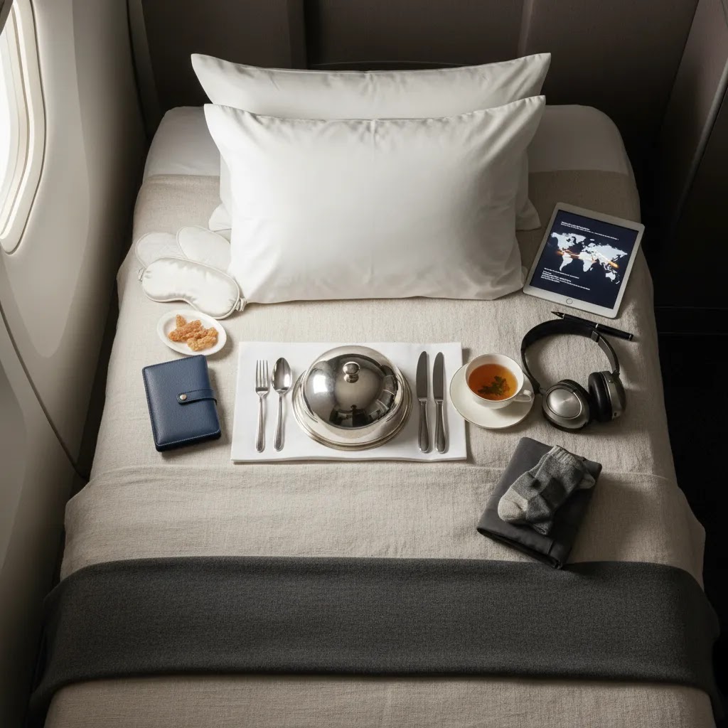 Business class flight to Hong Kong featuring lie-flat bed, premium amenities, and long-haul comfort